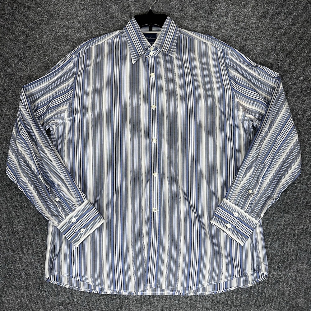 Faconnable Shirt Mens Large Blue Striped Casual Button Up Long Sleeve Adult‎